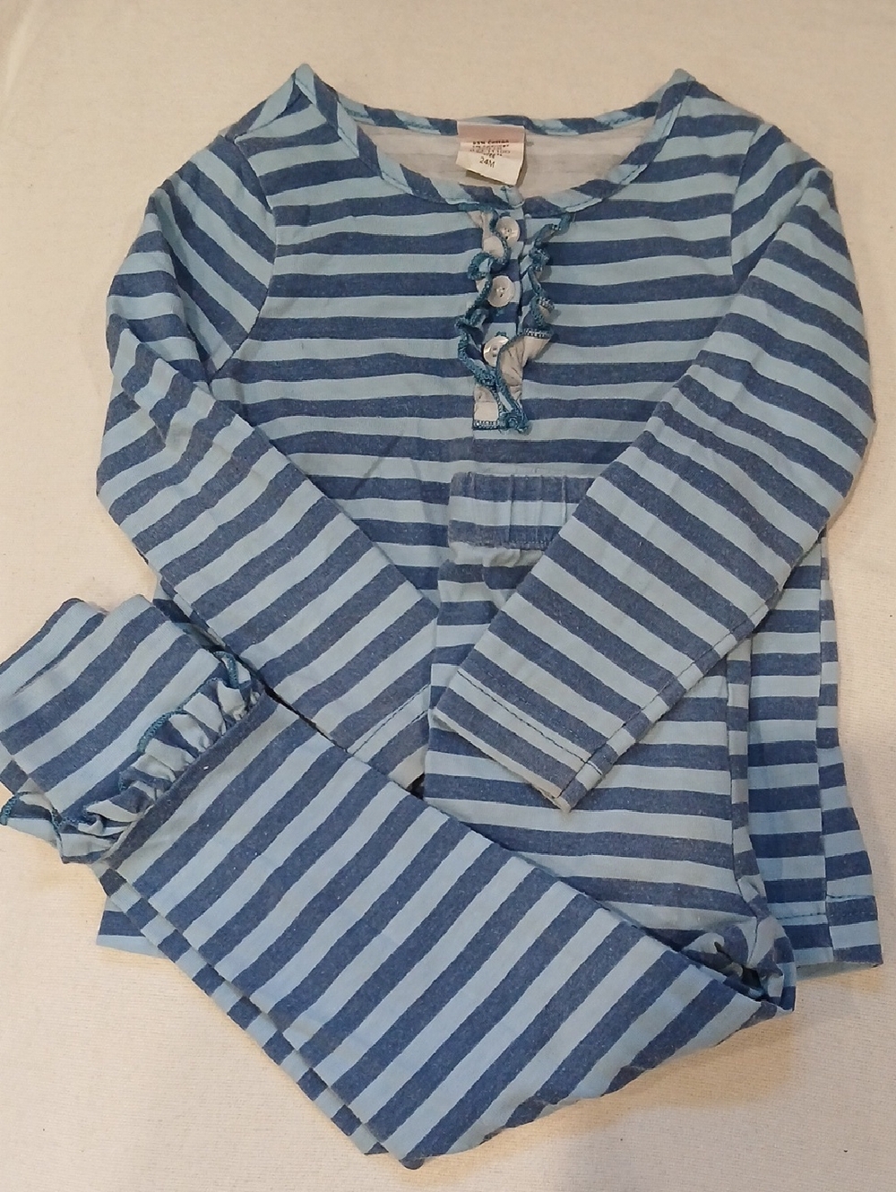 Girls Blue Striped Long Sleeve Pajama Set with Ruffle Placket
